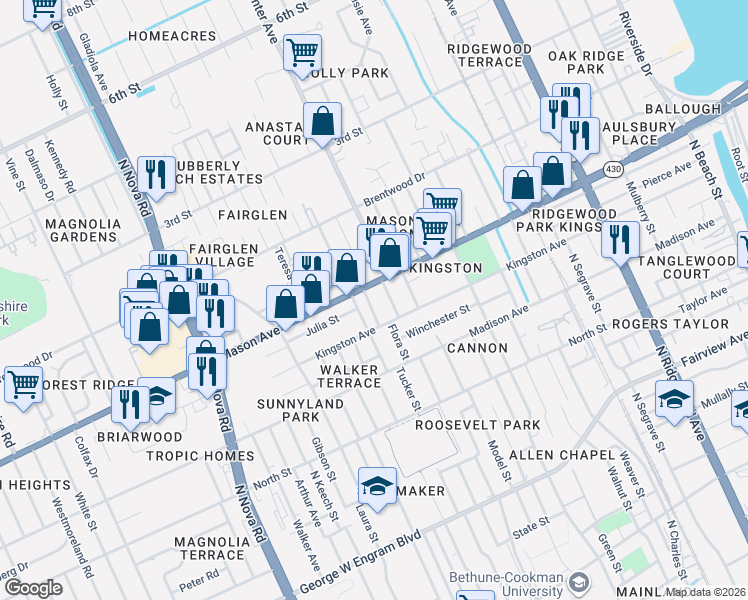 map of restaurants, bars, coffee shops, grocery stores, and more near 810 Forest Lane in Daytona Beach