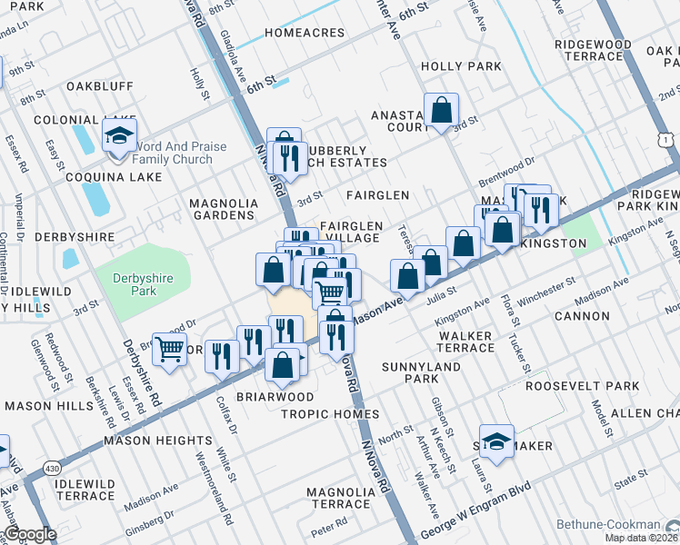 map of restaurants, bars, coffee shops, grocery stores, and more near 930 Mason Court in Daytona Beach