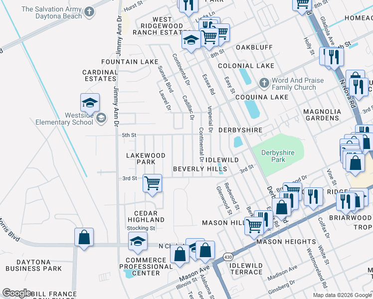 map of restaurants, bars, coffee shops, grocery stores, and more near 1021 Thunderbird Drive in Daytona Beach