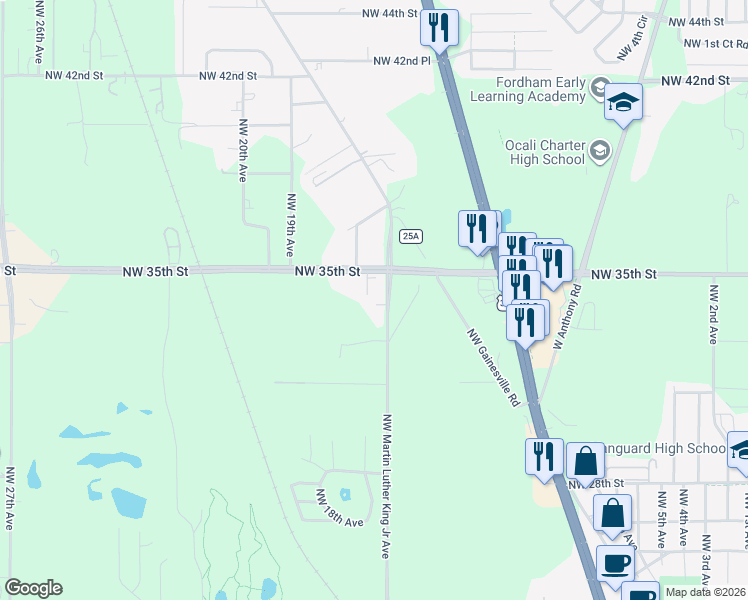 map of restaurants, bars, coffee shops, grocery stores, and more near 3450 Northwest 16th Court in Ocala