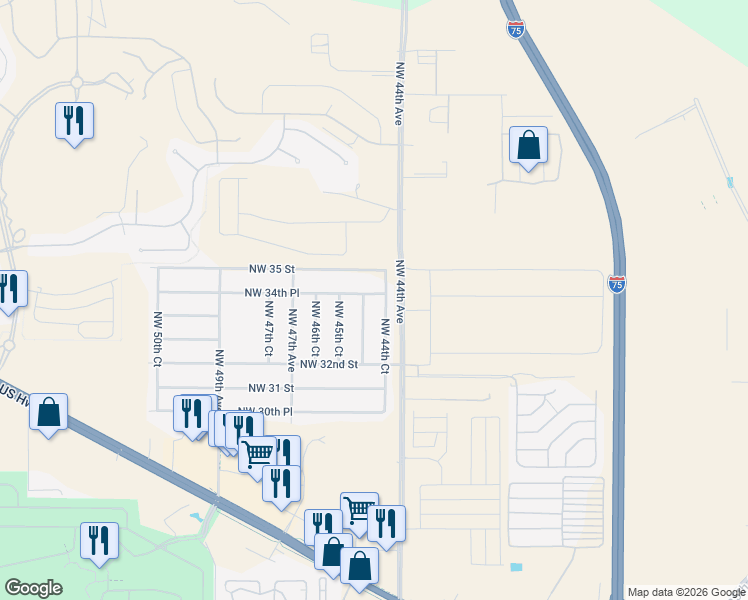 map of restaurants, bars, coffee shops, grocery stores, and more near 3362 Northwest 44th Terrace in Ocala
