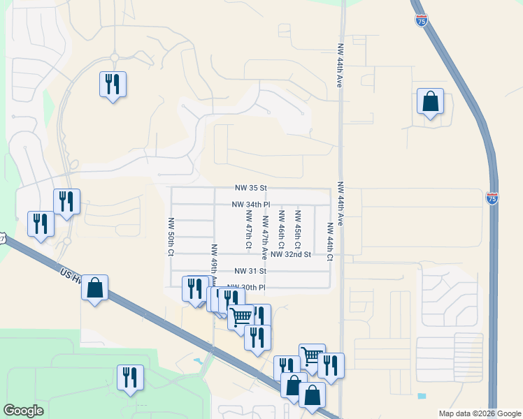 map of restaurants, bars, coffee shops, grocery stores, and more near 3354 Northwest 47th Avenue in Ocala