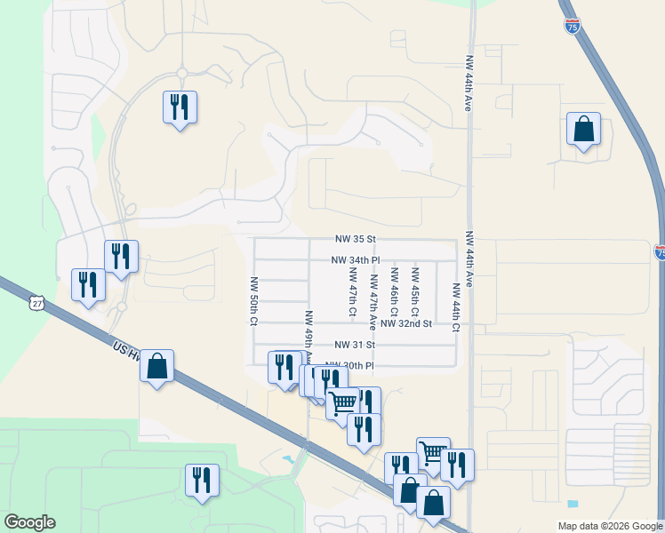 map of restaurants, bars, coffee shops, grocery stores, and more near 3352 Northwest 47th Court in Ocala