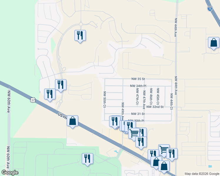 map of restaurants, bars, coffee shops, grocery stores, and more near 4996 Northwest 33rd Lane in Ocala