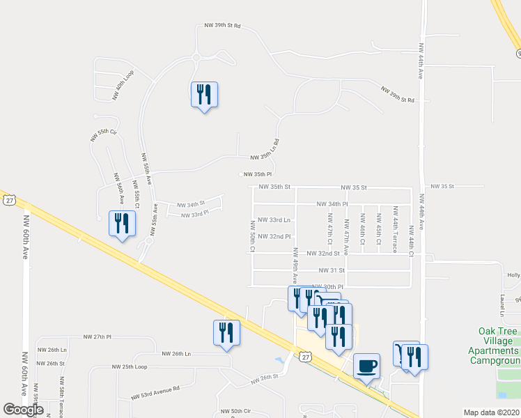 map of restaurants, bars, coffee shops, grocery stores, and more near 3332 Northwest 50th Court in Ocala