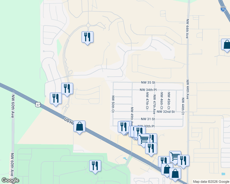 map of restaurants, bars, coffee shops, grocery stores, and more near 3332 Northwest 50th Court in Ocala