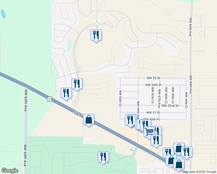 map of restaurants, bars, coffee shops, grocery stores, and more near 3363 Northwest 52nd Avenue Road in Ocala