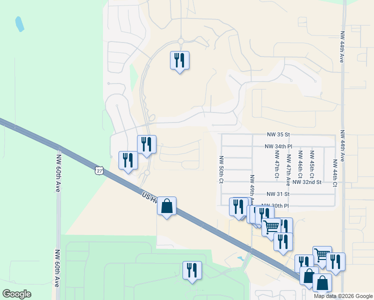 map of restaurants, bars, coffee shops, grocery stores, and more near 5323 Northwest 33rd Place in Ocala