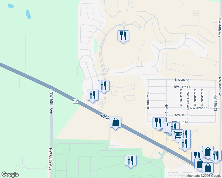 map of restaurants, bars, coffee shops, grocery stores, and more near Northwest 33rd Place in Ocala