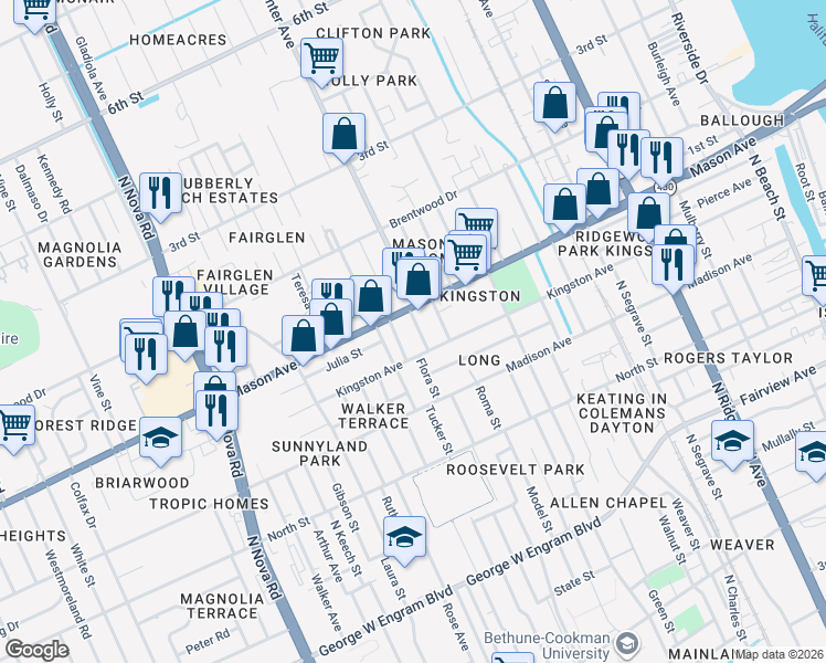 map of restaurants, bars, coffee shops, grocery stores, and more near 818 Harrington Street in Daytona Beach