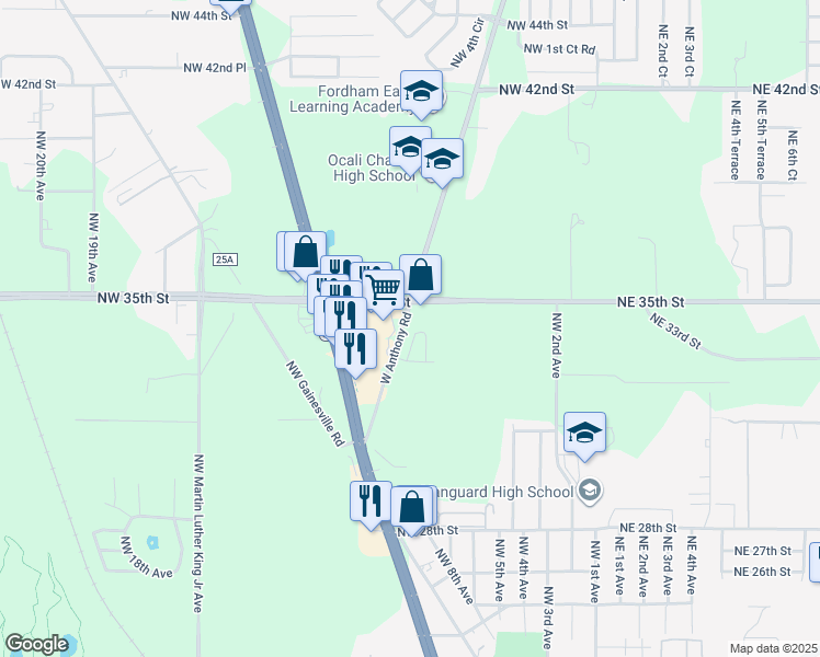 map of restaurants, bars, coffee shops, grocery stores, and more near 3435 North Pine Avenue in Ocala