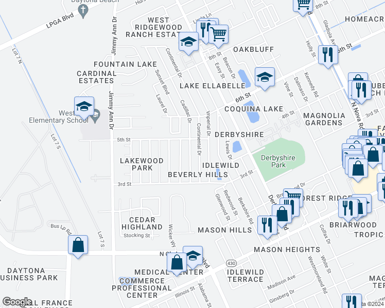 map of restaurants, bars, coffee shops, grocery stores, and more near 1025 Cadillac Drive in Daytona Beach