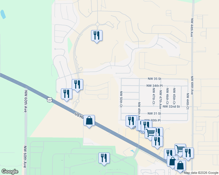 map of restaurants, bars, coffee shops, grocery stores, and more near 3363 Northwest 52nd Avenue Road in Ocala