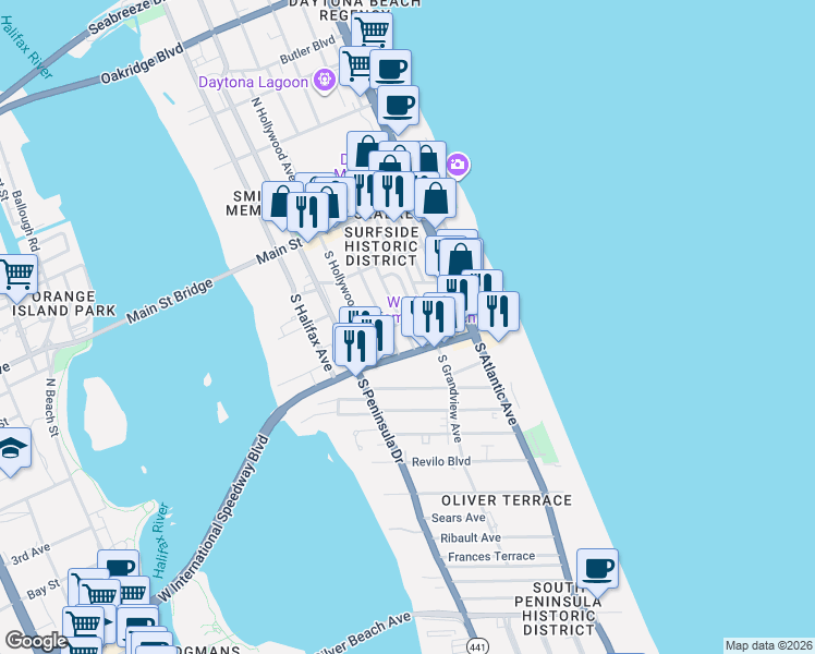 map of restaurants, bars, coffee shops, grocery stores, and more near 214 South Oleander Avenue in Daytona Beach