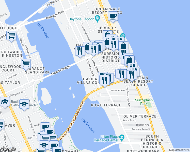 map of restaurants, bars, coffee shops, grocery stores, and more near 149 South Halifax Avenue in Daytona Beach