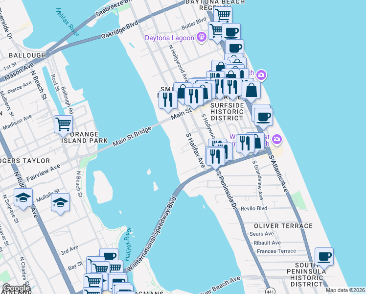 map of restaurants, bars, coffee shops, grocery stores, and more near 100 South Halifax Avenue in Daytona Beach