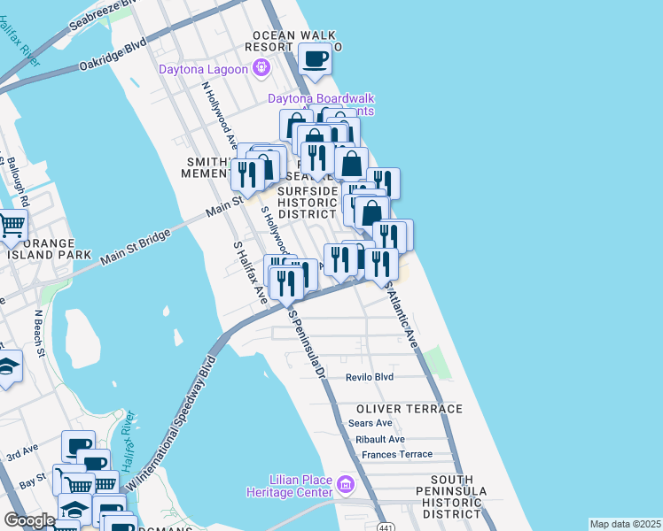 map of restaurants, bars, coffee shops, grocery stores, and more near 136 South Wild Olive Avenue in Daytona Beach