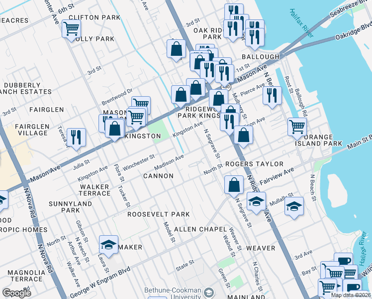 map of restaurants, bars, coffee shops, grocery stores, and more near 715 Flanders Avenue in Daytona Beach