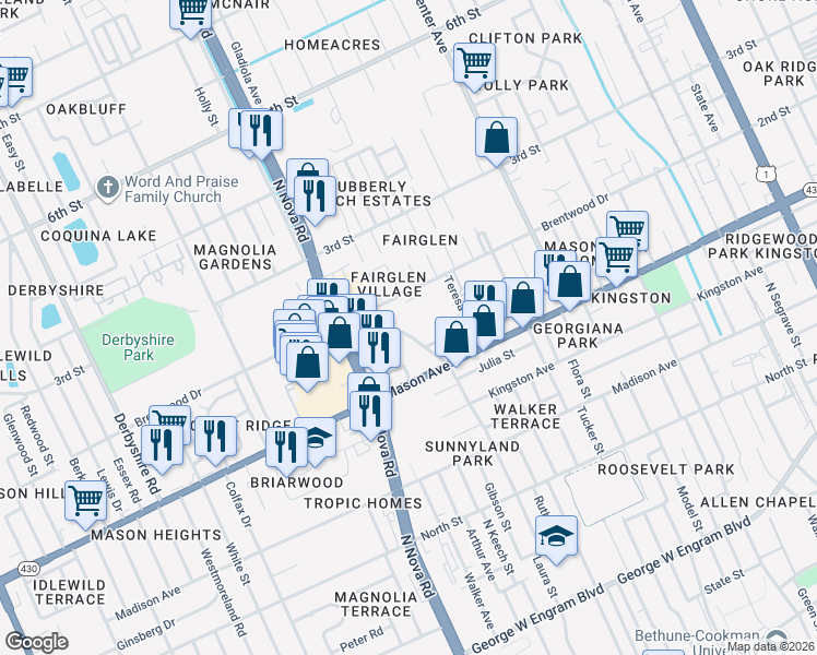 map of restaurants, bars, coffee shops, grocery stores, and more near 887 Brentwood Drive in Daytona Beach