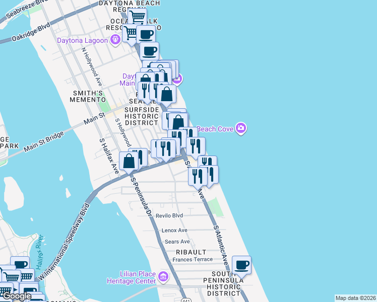 map of restaurants, bars, coffee shops, grocery stores, and more near 175 South Atlantic Avenue in Daytona Beach
