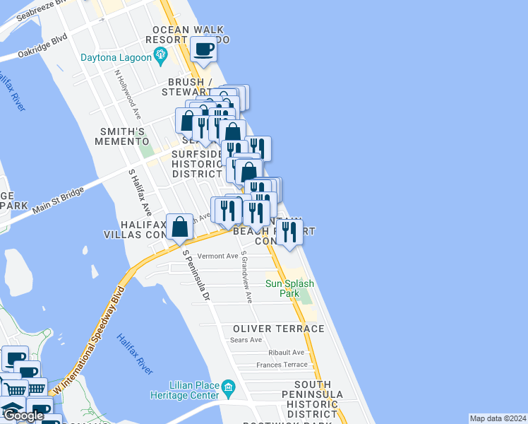 map of restaurants, bars, coffee shops, grocery stores, and more near 175 South Atlantic Avenue in Daytona Beach