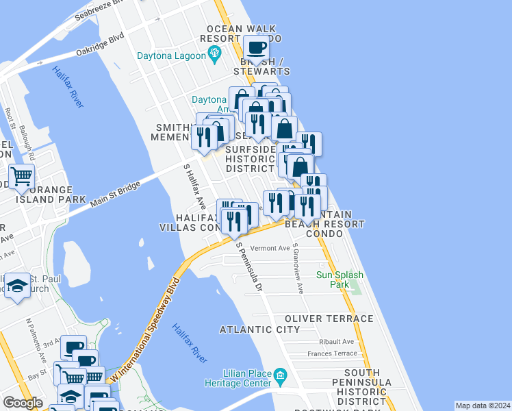 map of restaurants, bars, coffee shops, grocery stores, and more near 136 South Wild Olive Avenue in Daytona Beach