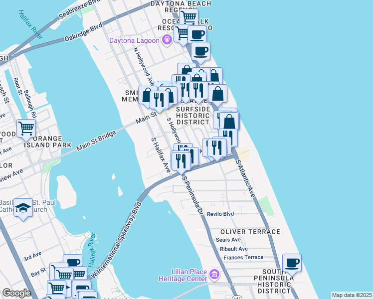 map of restaurants, bars, coffee shops, grocery stores, and more near 125 South Hollywood Avenue in Daytona Beach