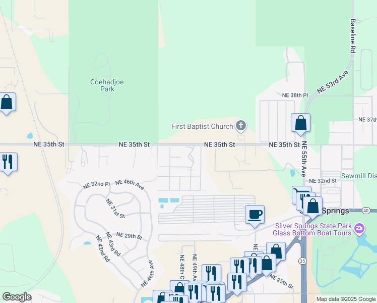 map of restaurants, bars, coffee shops, grocery stores, and more near 4820 Northeast 35th Street in Silver Springs