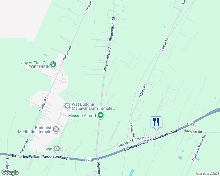 map of restaurants, bars, coffee shops, grocery stores, and more near 19910 Pleasanton Road in San Antonio