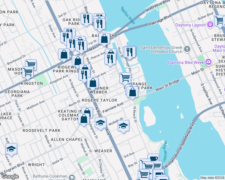 map of restaurants, bars, coffee shops, grocery stores, and more near 133 North Street in Daytona Beach