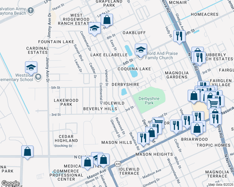 map of restaurants, bars, coffee shops, grocery stores, and more near 1057 Berkshire Road in Daytona Beach