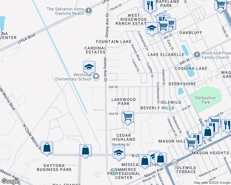 map of restaurants, bars, coffee shops, grocery stores, and more near 1144 Barbara Drive in Daytona Beach