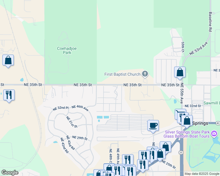 map of restaurants, bars, coffee shops, grocery stores, and more near 4820 Northeast 35th Street in Silver Springs