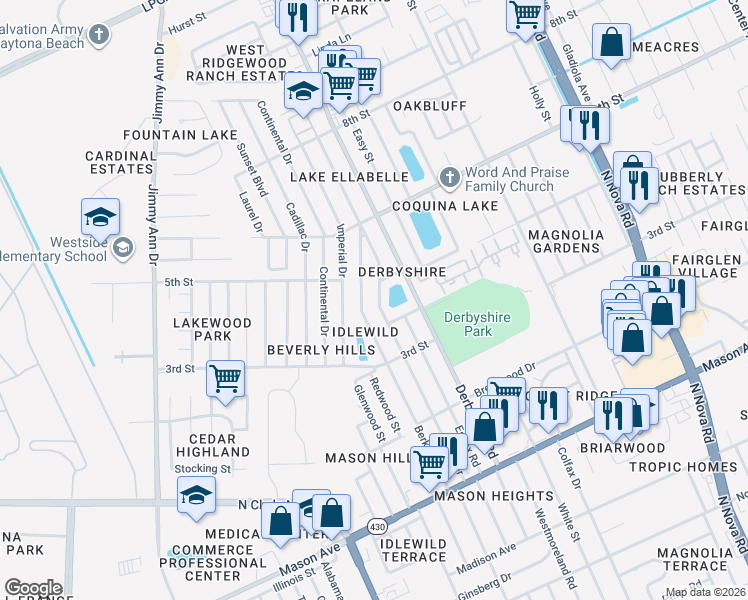 map of restaurants, bars, coffee shops, grocery stores, and more near 1057 Berkshire Road in Daytona Beach
