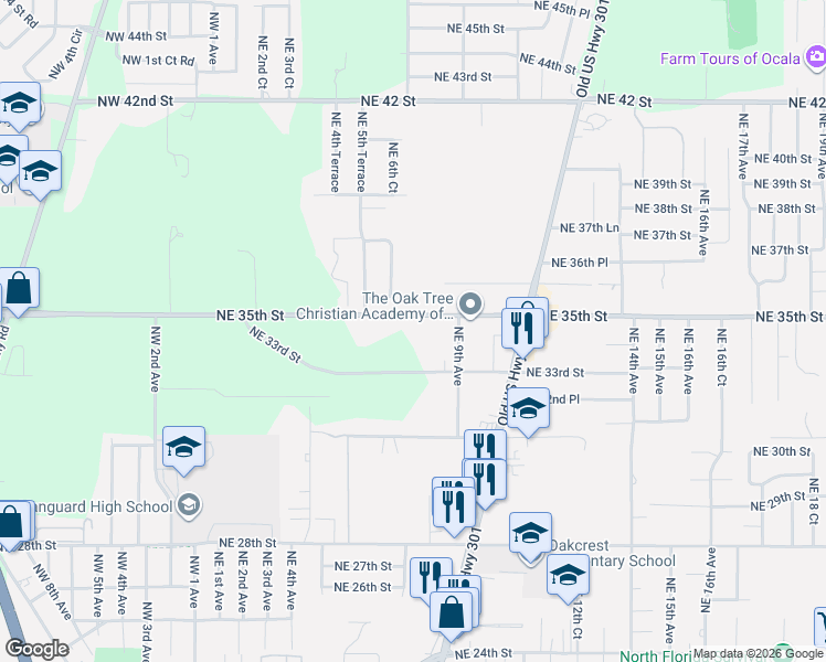 map of restaurants, bars, coffee shops, grocery stores, and more near 618-644 Northeast 35th Street in Ocala