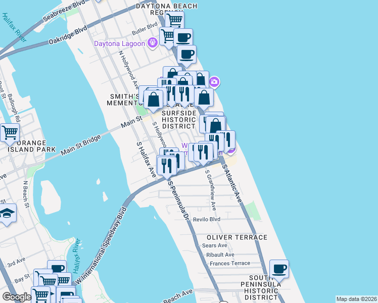 map of restaurants, bars, coffee shops, grocery stores, and more near 136 South Wild Olive Avenue in Daytona Beach