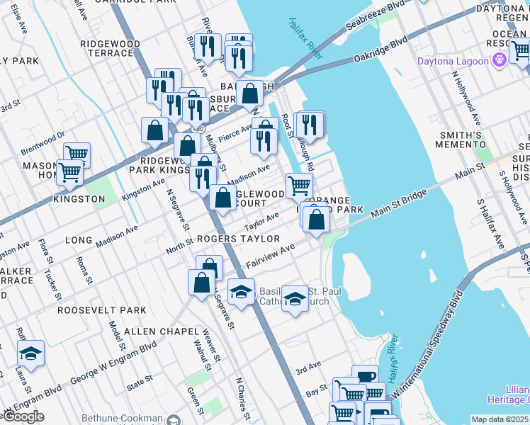 map of restaurants, bars, coffee shops, grocery stores, and more near 133 North Street in Daytona Beach