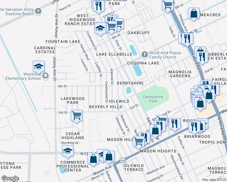 map of restaurants, bars, coffee shops, grocery stores, and more near 1057 Berkshire Road in Daytona Beach