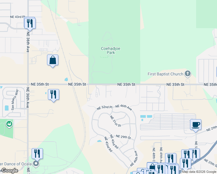 map of restaurants, bars, coffee shops, grocery stores, and more near 4382 Northeast 35th Street in Ocala