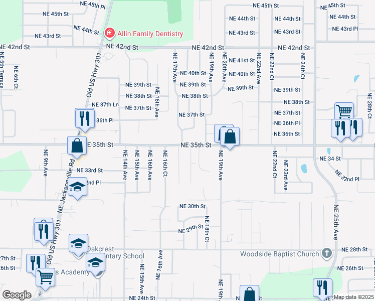 map of restaurants, bars, coffee shops, grocery stores, and more near 1702 Northeast 35th Street in Ocala