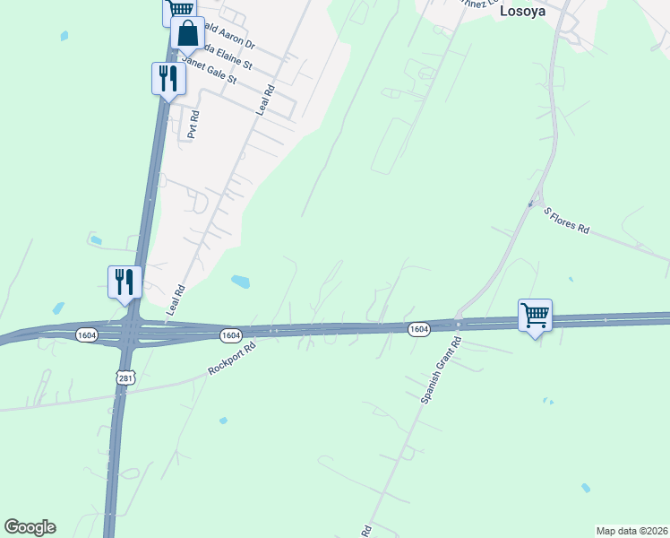 map of restaurants, bars, coffee shops, grocery stores, and more near 1635 South Loop 1604 East in San Antonio