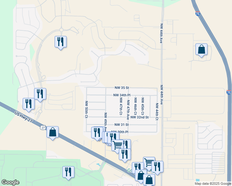 map of restaurants, bars, coffee shops, grocery stores, and more near 4806 Northwest 35 Street in Ocala