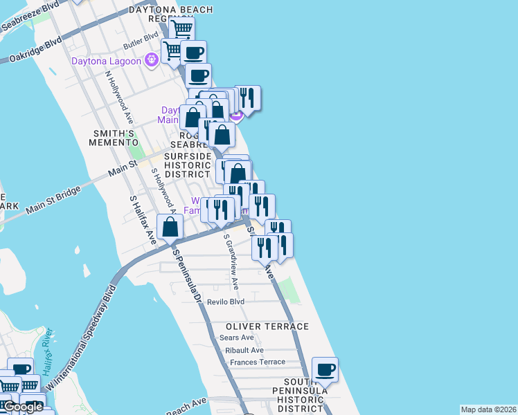 map of restaurants, bars, coffee shops, grocery stores, and more near 219 South Atlantic Avenue in Daytona Beach