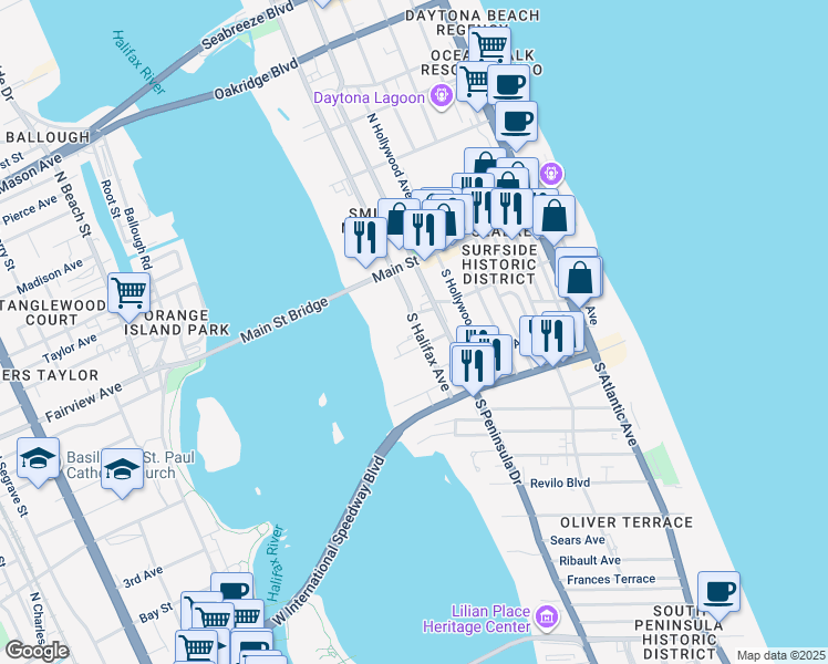 map of restaurants, bars, coffee shops, grocery stores, and more near 118 South Halifax Avenue in Daytona Beach