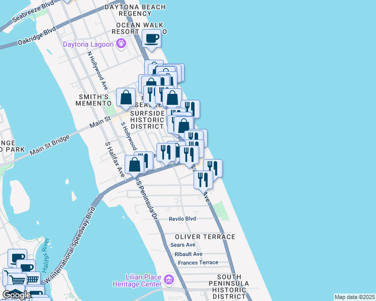 map of restaurants, bars, coffee shops, grocery stores, and more near 219 South Atlantic Avenue in Daytona Beach