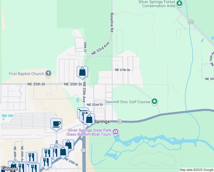 map of restaurants, bars, coffee shops, grocery stores, and more near 3467 Northeast 57th Avenue in Silver Springs