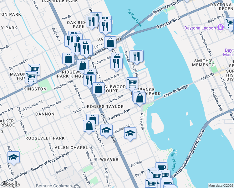 map of restaurants, bars, coffee shops, grocery stores, and more near 133 North Street in Daytona Beach