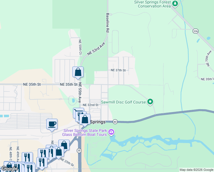 map of restaurants, bars, coffee shops, grocery stores, and more near 5751 Northeast 35th Street in Silver Springs