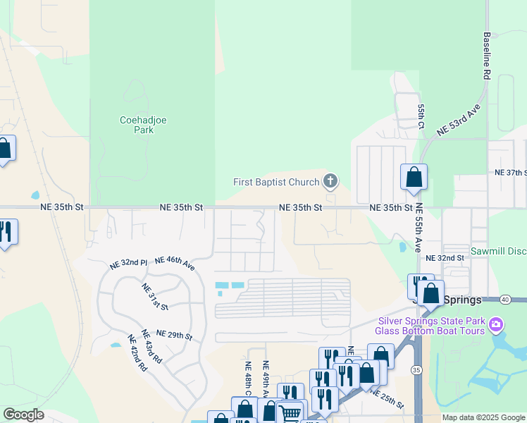 map of restaurants, bars, coffee shops, grocery stores, and more near 4820 Northeast 35th Street in Silver Springs