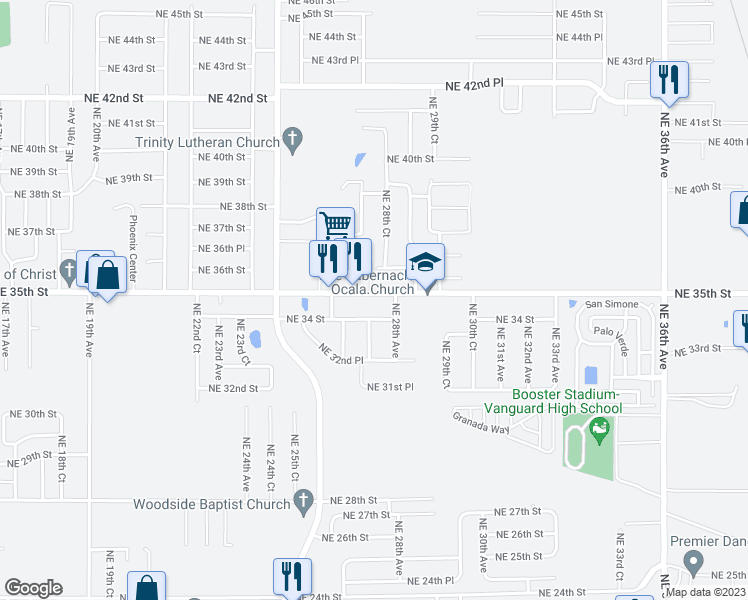 map of restaurants, bars, coffee shops, grocery stores, and more near 2724 Northeast 35th Street in Ocala